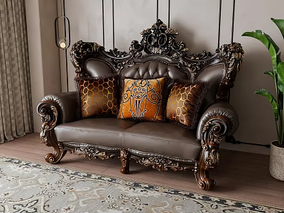 Ornate Carved Leather Double Sofa With Orange Patterned Pillows On Wooden Floor And Patterned Rug 3d model