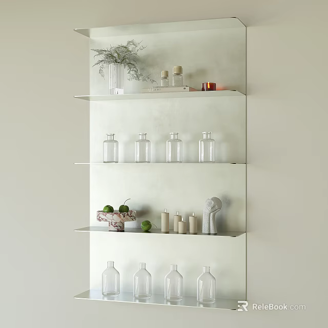 Modern Wall Mounted Display Shelf With Potted Plant Glass Bottles Candles And Limes 3d model 