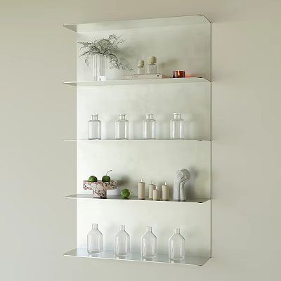 Modern Wall Mounted Display Shelf With Potted Plant Glass Bottles Candles And Limes 3d model