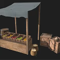 Wooden Fruit Stall with Gray Canopy and Crates of Fresh Fruits Beside Barrel