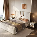 Modern Bedroom Interior With White Geometric Headboard Floor-to-Ceiling Window Wooden Wall Nightstand And Table Lamp