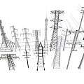 Industrial Electrical Transmission Equipment Featuring High Voltage Towers Utility Poles And Metal Support Structures