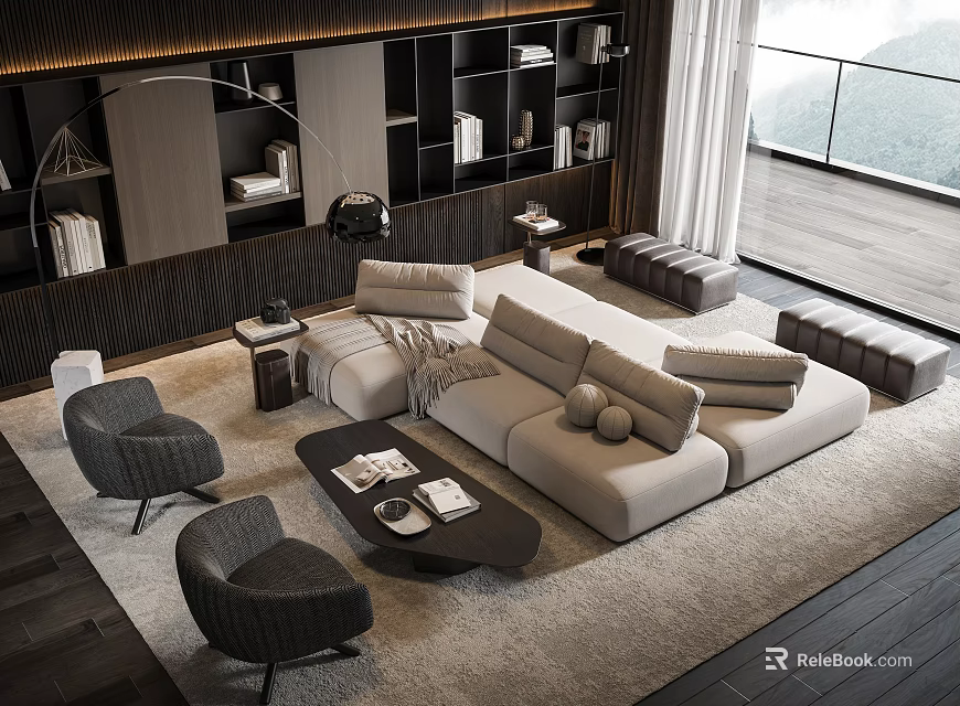 Modern Living Room Design With Beige Sofa Black Coffee Table And Grey Accent Chairs 3d model 