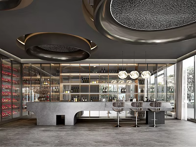 Modern Bar Interior With Gray Counter Metal Pendant Lights Wine Racks And Natural Light 3d model