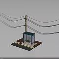 Urban Bus Stop Shelter With Utility Pole And Overhead Power Lines