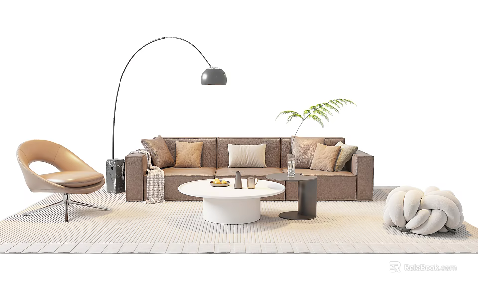 Modern Brown Sofa and Round Coffee Table Set with Pillows Floor Lamp and Green Plant 3d model 