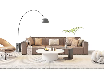 Modern Brown Sofa and Round Coffee Table Set with Pillows Floor Lamp and Green Plant 3d model