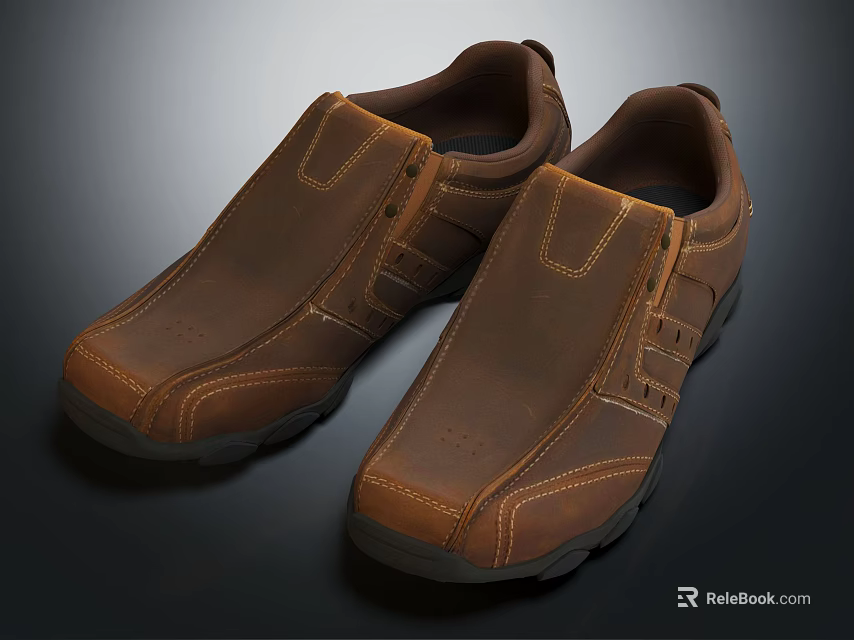 Brown Leather Casual Slip On Shoes With Stitched Design And Dark Sole 3d model 