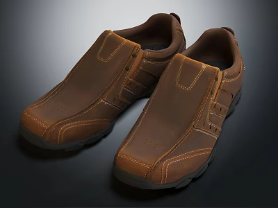 Brown Leather Casual Slip On Shoes With Stitched Design And Dark Sole 3d model