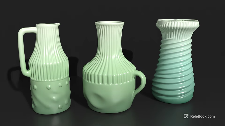 Ceramic Vessels with Ribbed Dotted and Spiral Patterns in Light Green and Turquoise 3d model 