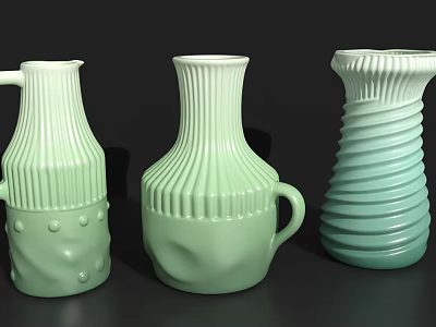 Ceramic Vessels with Ribbed Dotted and Spiral Patterns in Light Green and Turquoise 3d model