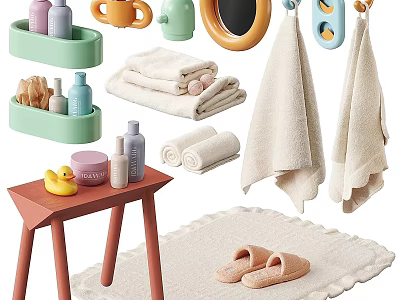 Practical Laundry And Daily Essentials With Towels Toiletries Slippers Storage Racks And Mirror 3d model