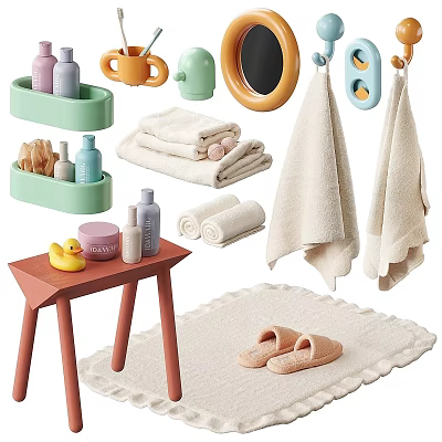 Practical Laundry And Daily Essentials With Towels Toiletries Slippers Storage Racks And Mirror 3d model