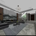 Modern Elegant Dining And Living Space With Marble Floor Round Dining Table And Stylish Chandelier