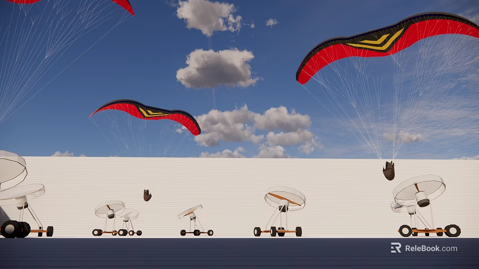 Red And Black Paragliders Flying In Blue Sky With White Clouds And Ground Equipment 3d model 
