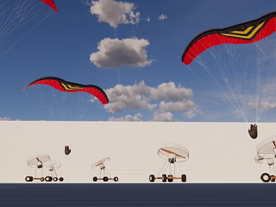 Red And Black Paragliders Flying In Blue Sky With White Clouds And Ground Equipment 3d model