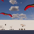 Red And Black Paragliders Flying In Blue Sky With White Clouds And Ground Equipment