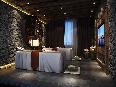 Relaxing SPA Sauna Room Design With Massage Beds Stone Walls Wooden Ceiling And TV 3d model
