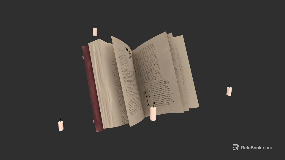 Open Old Book With Pages And Burning Candles On Dark Background 3d model 