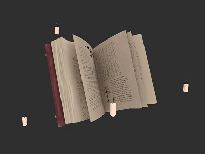 Open Old Book With Pages And Burning Candles On Dark Background 3d model