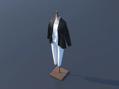 Mannequin Wearing Black Coat White Top And White Pants On Wooden Base 3d model