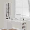 Office Desk With Computer Monitor Time Display Small Plant Illuminated Glass Shelf And Window Blinds