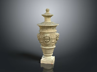 Scenic Landscape With Carved Stone Urn Featuring Face Motifs And Dome Top Base 3d model