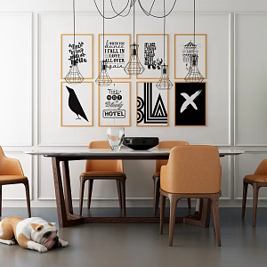 Nordic Dining Table and Chair Combination Dining Table and Chair Decorative Painting Dog Combination 3d model