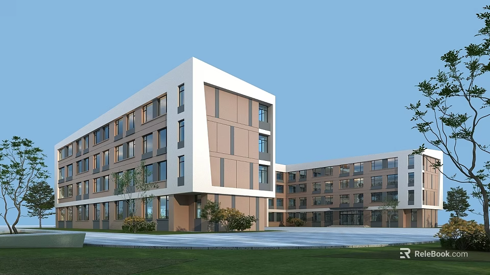 Modern School Building With White Brown Exterior Large Windows And Front Lawn Area 3d model 