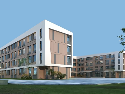 Modern School Building With White Brown Exterior Large Windows And Front Lawn Area 3d model