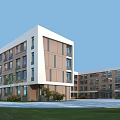 Modern School Building With White Brown Exterior Large Windows And Front Lawn Area