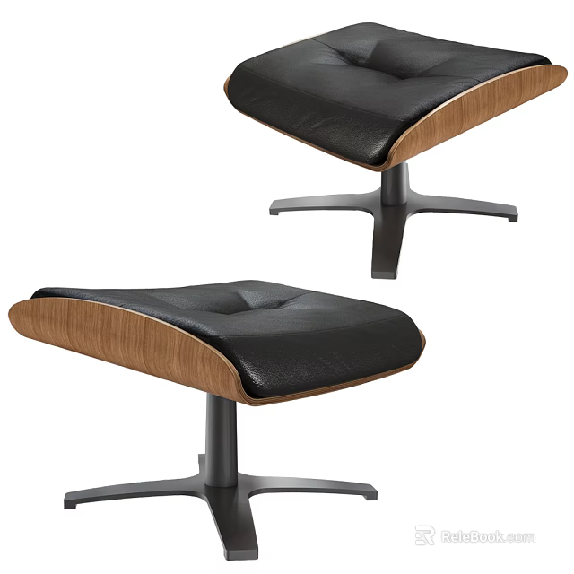 Modern Black Leather Sofa Stool with Wooden Trim and Metal Base 3d model 
