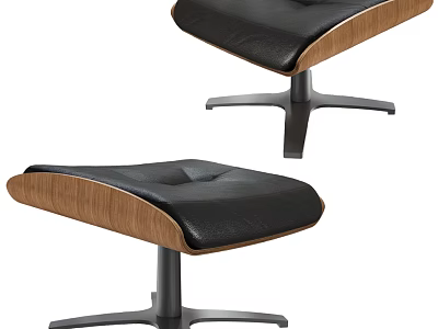 Modern Black Leather Sofa Stool with Wooden Trim and Metal Base 3d model