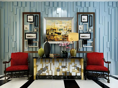 Geometric Pattern Entryway Cabinet And Sideboard With Blue Wall Red Chairs Decorative Painting 3d model
