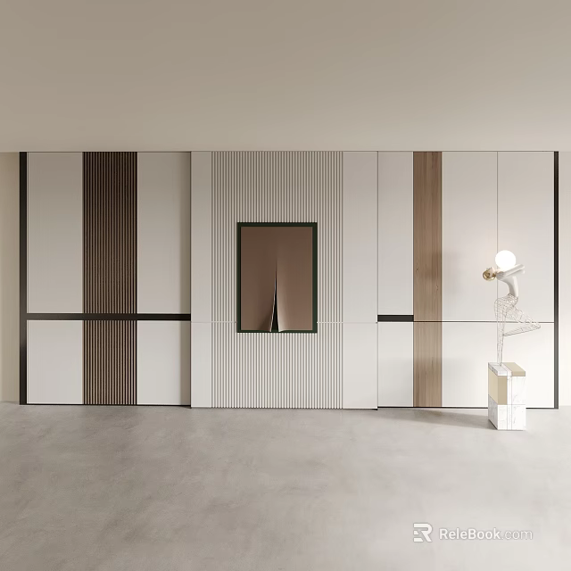 Modern Striped Sofa Backdrop Wall Design With Central Mirror And Accent Lighting 3d model