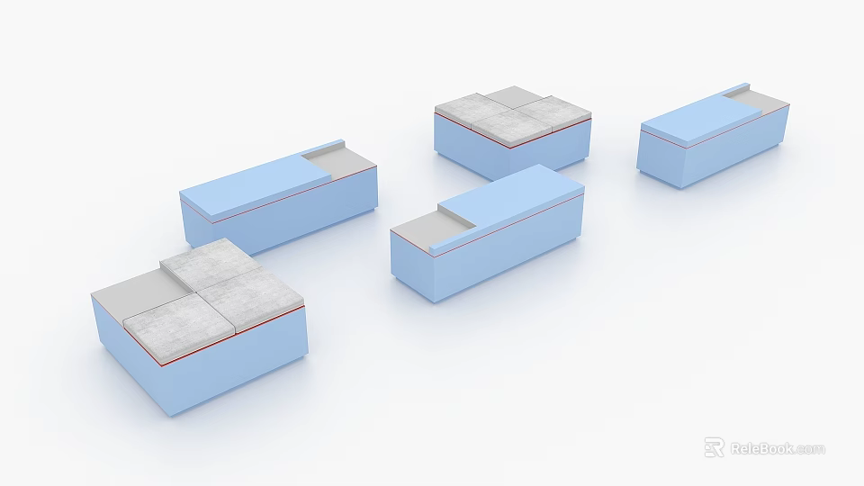Five Rectangular Blocks in Blue and Gray Some with Red Lines on White Background 3d model