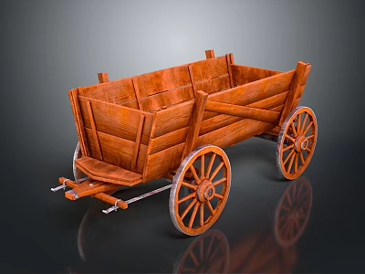 Brown Wooden Wagon With Large Spoked Wheels And Cargo Bed 3d model