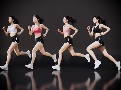 Women Running in Sportswear with Black Shorts White Sneakers on Black Background and Reflective Floor 3d model