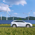 Modern Electric Car Parked By Solar Panels With Wind Turbines In Green Field Blue Sky