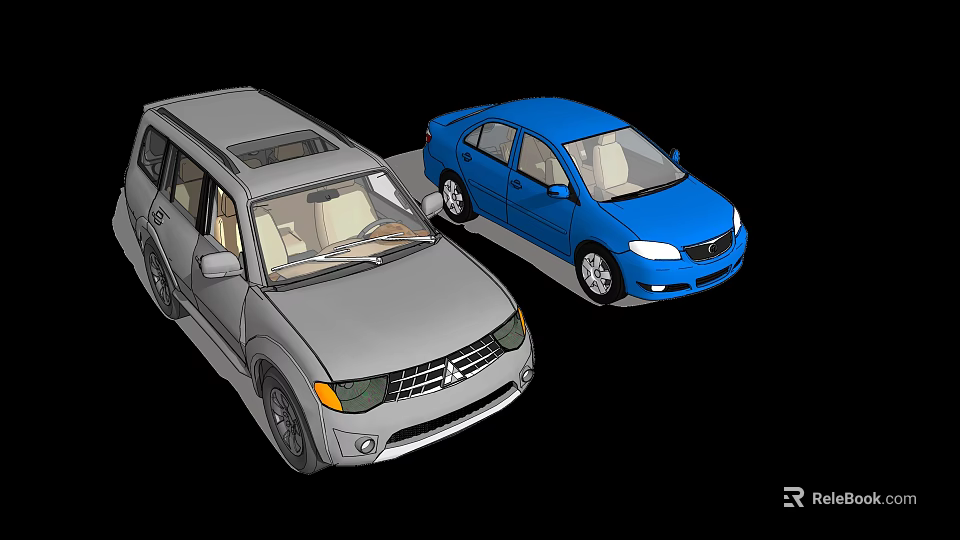 Gray SUV and Blue Sedan Car Models on Black Background 3d model 
