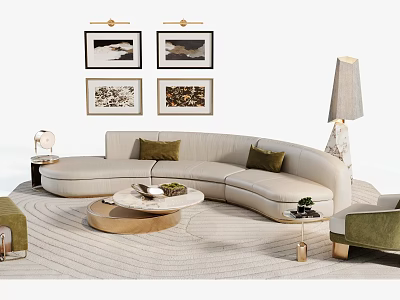 Modern Curved Beige Sofa With Marble Coffee Table Wall Art Floor Lamp And Rug 3d model
