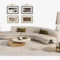 Modern Curved Beige Sofa With Marble Coffee Table Wall Art Floor Lamp And Rug
