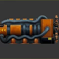 Futuristic Industrial Machinery With Orange Blue Pipes Circular Components And Warning Signs