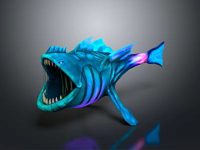 Fantasy Blue Fish Creature with Open Mouth Sharp Teeth and Glowing Purple Fins 3D Render 3d model