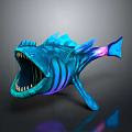 Fantasy Blue Fish Creature with Open Mouth Sharp Teeth and Glowing Purple Fins 3D Render