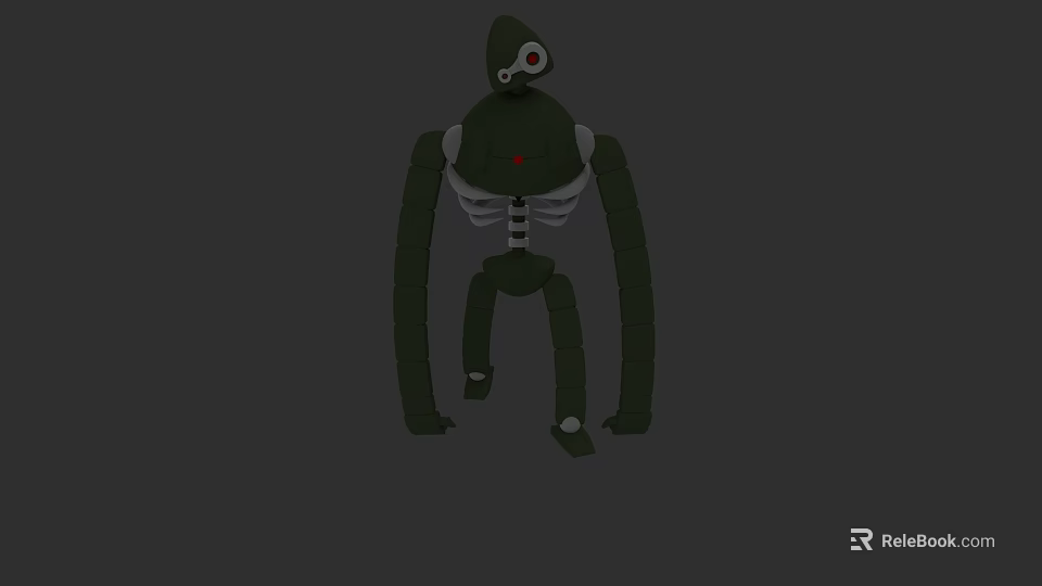 Green Robot Game Movie Character With Long Arms Red Eye And Skeleton Structure 3d model 