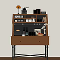 Wooden Brown Sideboard With Drawers And Shelves Holding Coffee Machine Cups Jars And Photo Frames