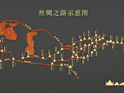 Ancient Silk Road Historical Map Wall Decor with Golden Route and City Markers 3d model