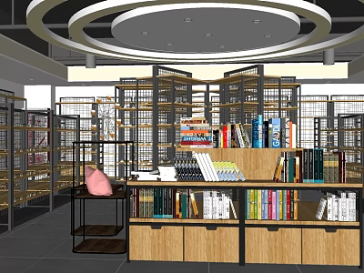 Modern Bookstore Interior With Shelves Full Of Books Display Counter And Pink Chair 3d model
