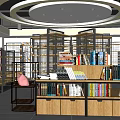 Modern Bookstore Interior With Shelves Full Of Books Display Counter And Pink Chair